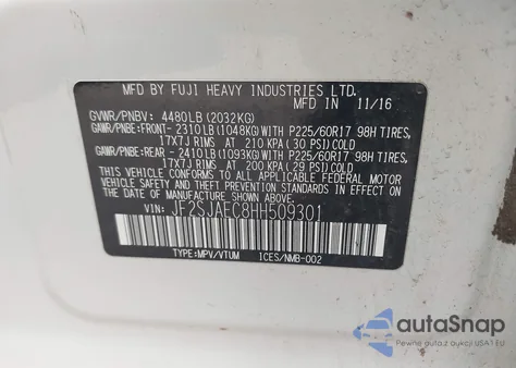 2017 Subaru Forester 2.5I Premium из США, поврежденный, VIN JF2SJAEC8HH509301